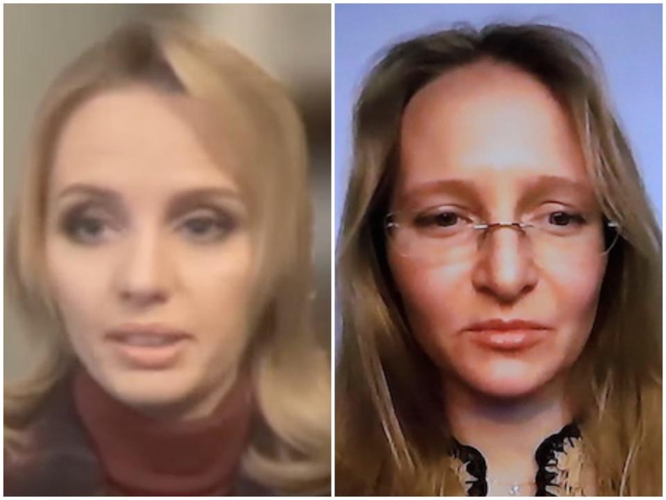 A composite image showing headshot video stills of Maria Vorontsova, left, in 2022, and Katerina Tikhonova, right, in 2021.