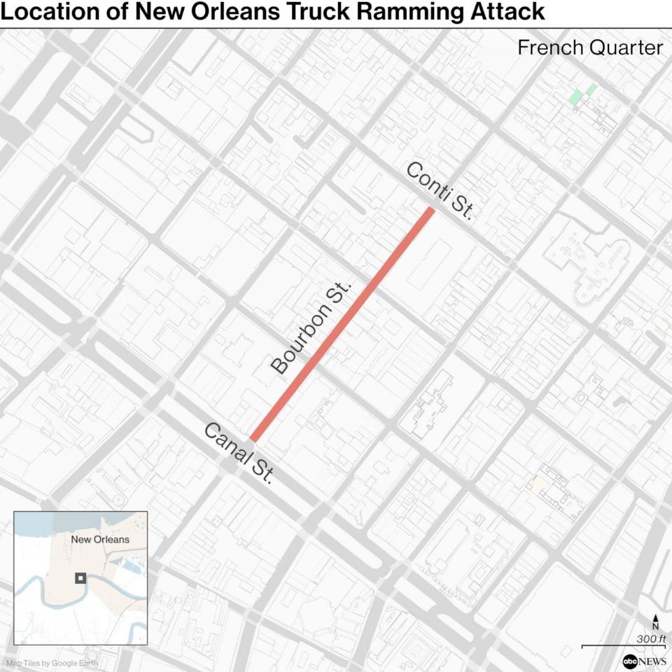 PHOTO: Location of New Orleans truck ramming attack (Map tiles by Google Earth)