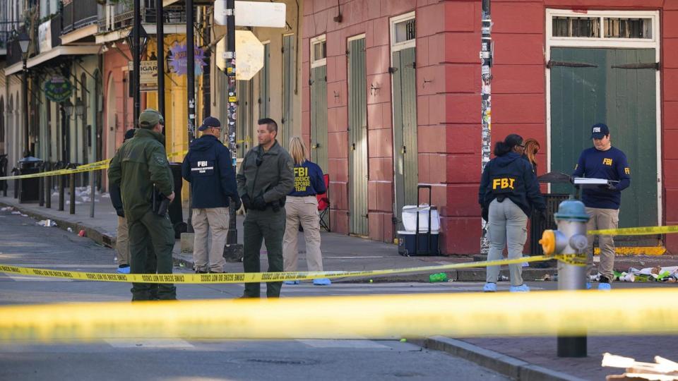 PHOTO: The FBI investigates the area on Orleans St and Bourbon Street by St. Louis Cathedral in the French Quarter where a suspicious package was detonated after a person drove a truck into a crowd earlier on Bourbon Street, Jan. 1, 2025.  (Matthew Hinton/AP)