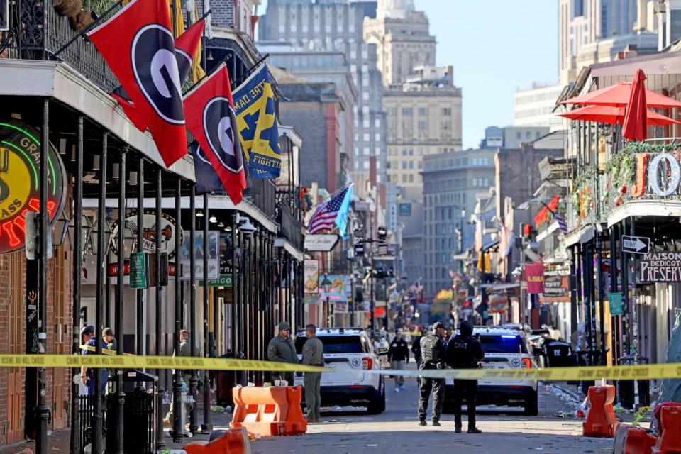 PHOTO: Law enforcement officers from multiple agencies work the scene in the French Quarter, January 1, 2025 in New Orleans, Louisiana. (Michael Democker/Getty Images)