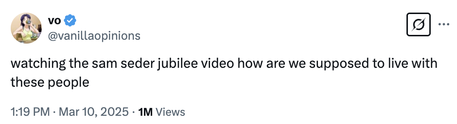 Tweet questioning reactions to a Sam Seder Jubilee video, garnering 1M views