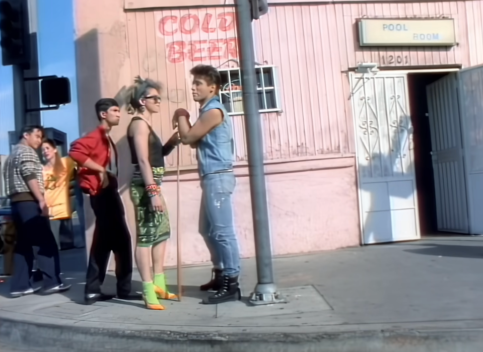 Madonna wearing socks with high heels in the video for her song "Borderline"